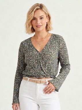 Anthro SADIE & SAGE green floral print long sleeve crop top size large